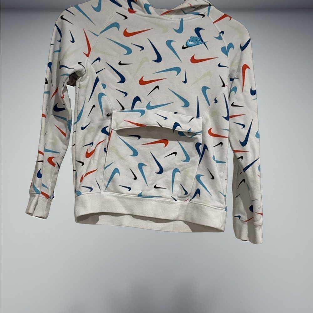 Nike White Hoodie with Colorful Swooshes